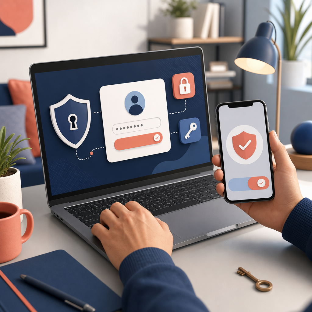 Illustration of a secure work account sign-in on a laptop with phone approval