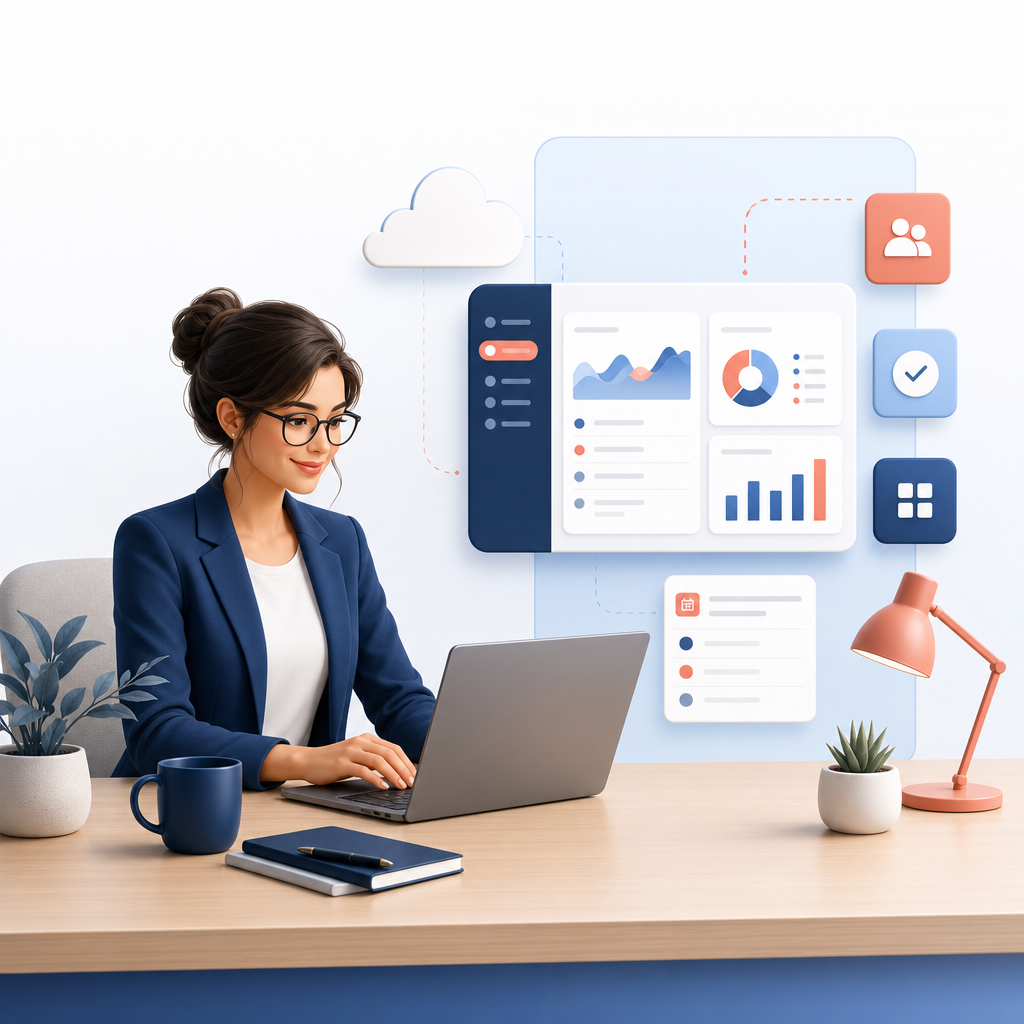 Illustration of a professional using a work dashboard and cloud apps on a laptop