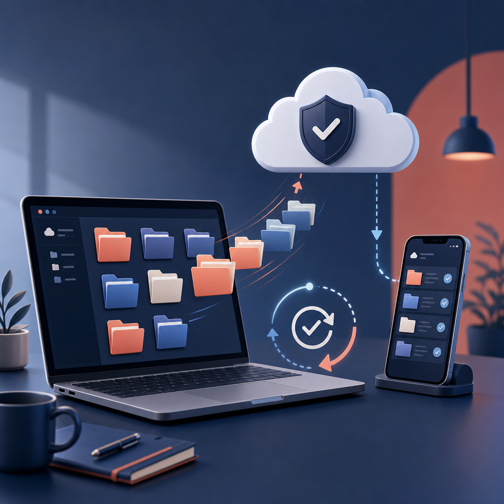 Illustration of folders syncing safely between a laptop, phone, and cloud