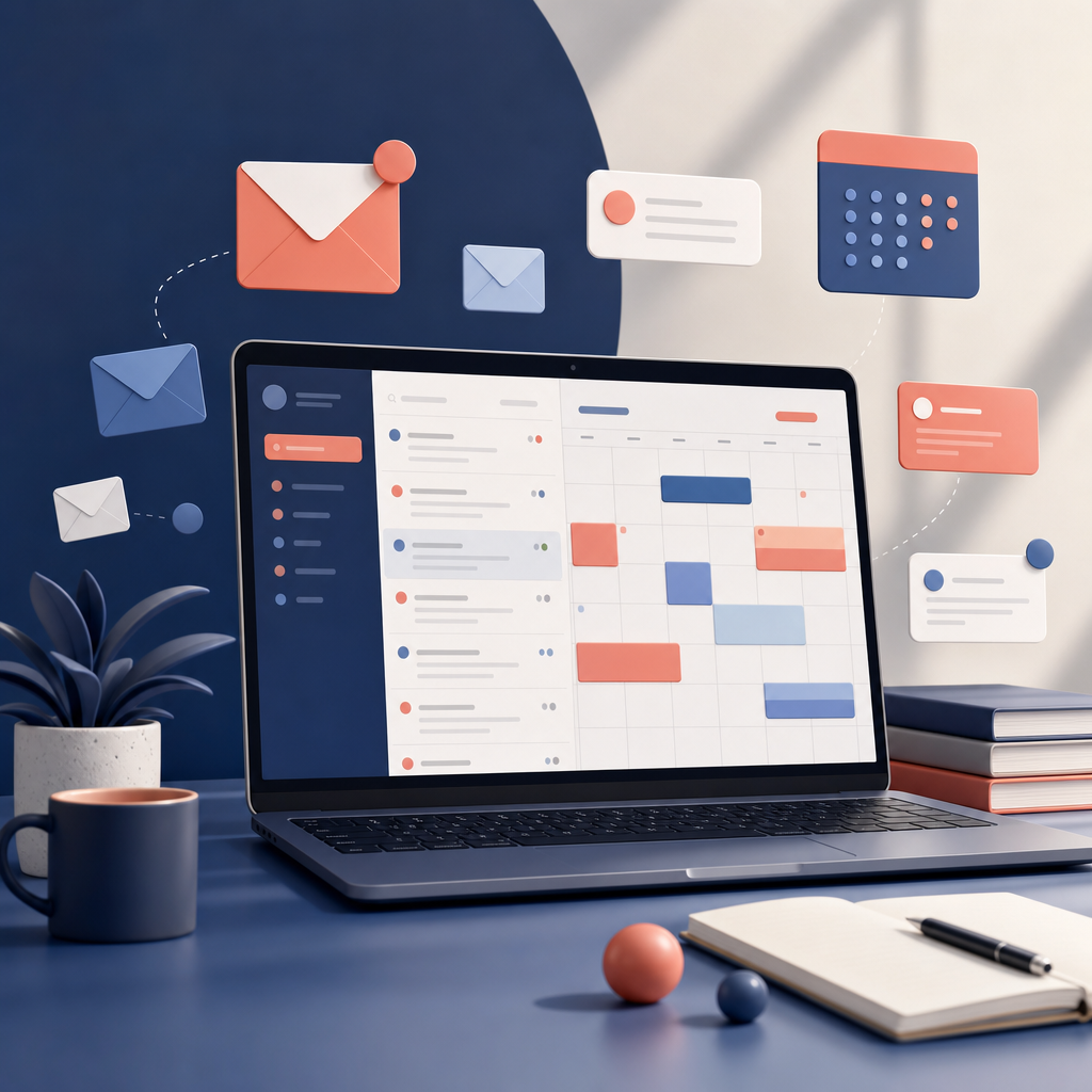 Illustration of a professional organising email and calendar tasks on a laptop
