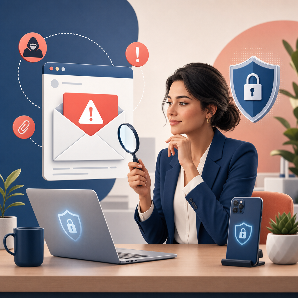 Illustration of a professional reviewing a suspicious email beside protected devices