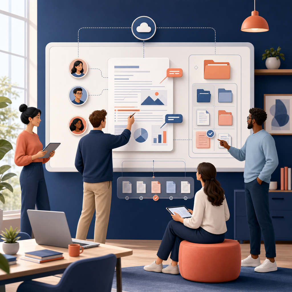 Illustration of colleagues collaborating on shared documents and folders