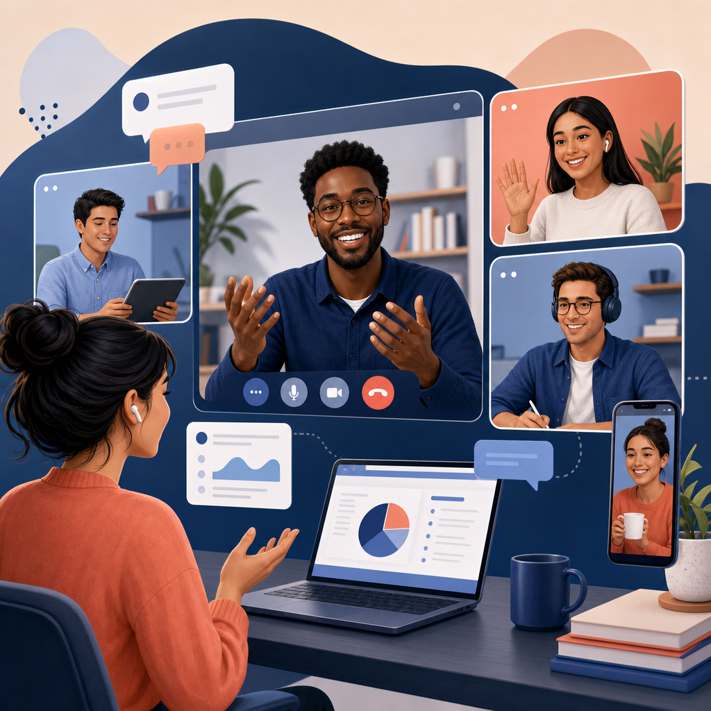 Illustration of colleagues connected in a video meeting with chat and shared content